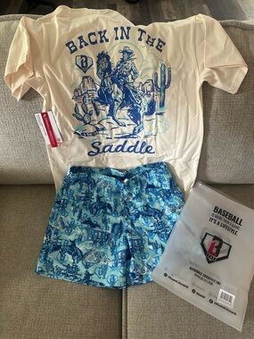 Back in the Saddle Graphic Tee & Printed Shorts Set - Beige/Blue